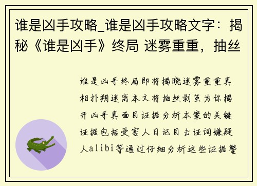 谁是凶手攻略_谁是凶手攻略文字：揭秘《谁是凶手》终局 迷雾重重，抽丝剥茧